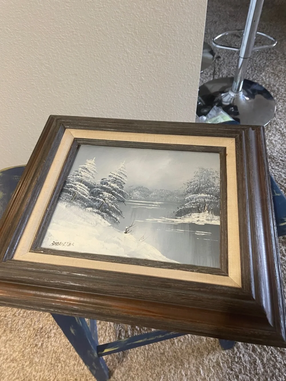 antique Framed Winter Landscape Painting in Wooden Frame - Blue, White, Brown